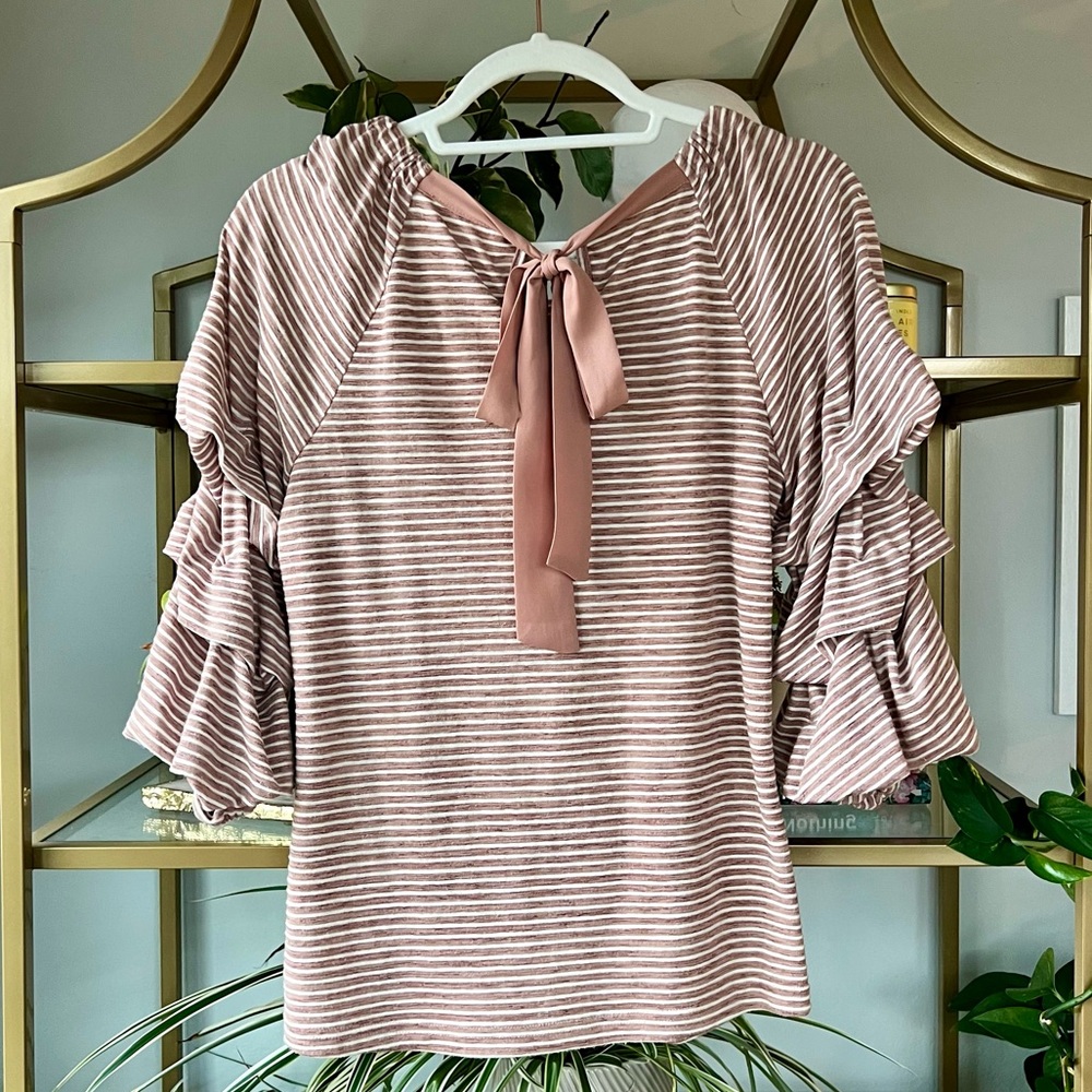 VICI Pink Striped Top with Tiered Ruffled Sleeves